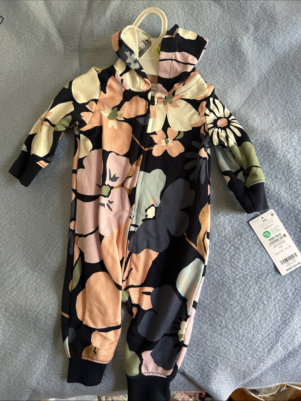 Carter's Floral Hooded One-Piece in Black, Peach, Pink, Green